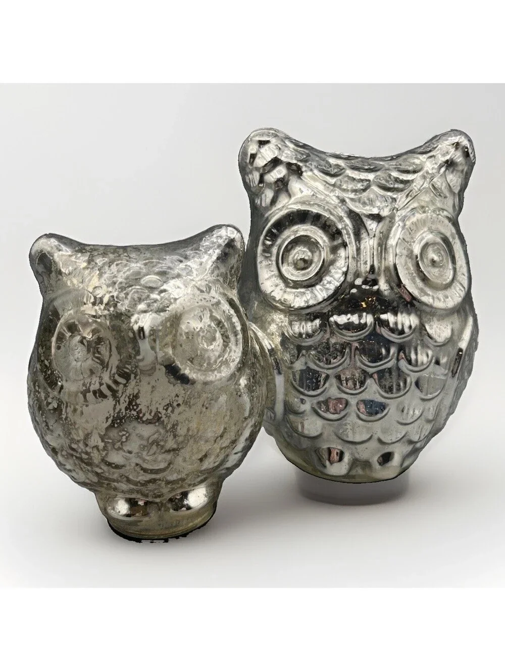 West Elm Mercury Glass Owl Pair Silver Vintage Style Woodland Home Decor Set